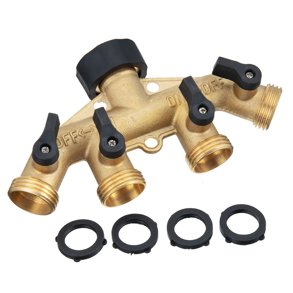 GYZEE 4 Way Solid Brass Hose Splitter Connector 3/4\" Tap & Outlets Heavy Duty Spigot