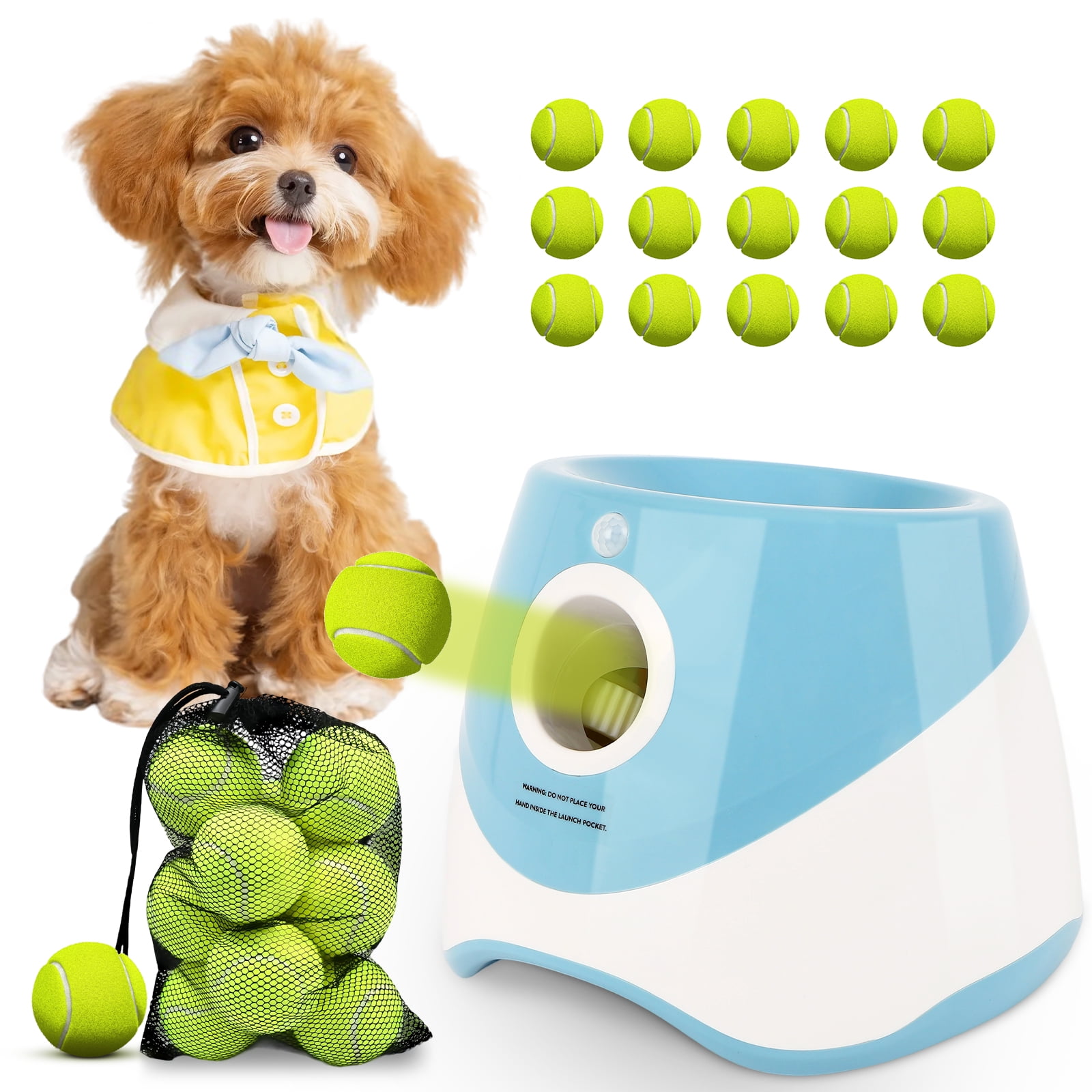 GYZJ Automatic Ball Launcher for Dogs,Interactive Dog Ball Thrower with 15x 2" Mini Tennis Balls for Small Dogs,Blue