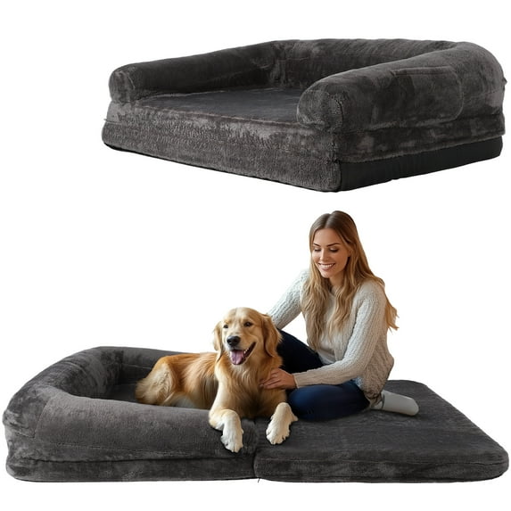 GYZJ Foldable Human Dog Bed for Large Sized Dog: 75"x45"x10" Faux Fur Fluffy Pet Couch Bed, Orthopedic Calming Memory Foam Big Pet Bed, Washable Pet Sofa Bed,Dark Grey