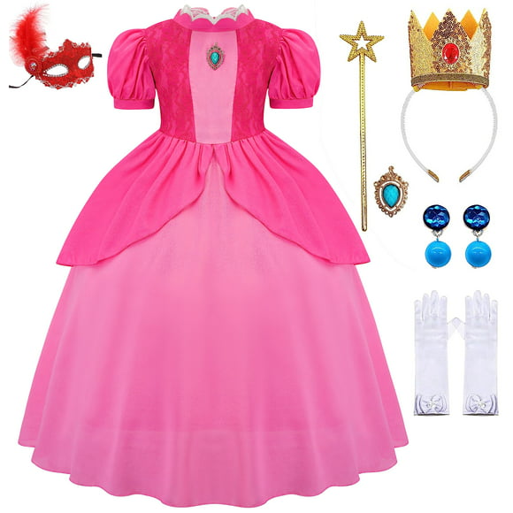 GZ-LAOPAITOU Princess Peach Costume For Girls Cosplay Super Bros Princess Peach Birthday dress up 3-12Years