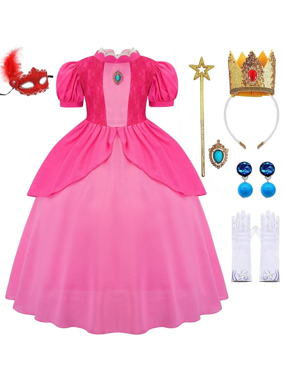 GZ-LAOPAITOU Princess Peach Costume For Girls Cosplay Super Bros Princess Peach Birthday dress up 3-12Years