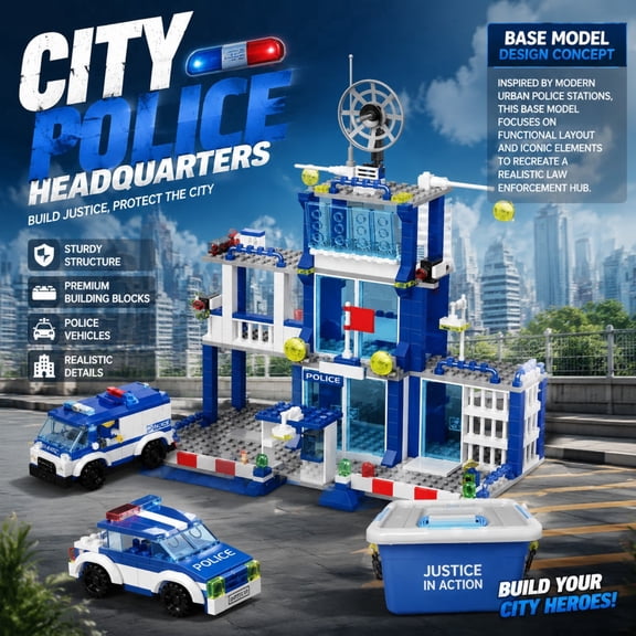Brixzonecho City Police Station Building Set Compatible with Lego Police Headquarters Scene Model Desktop Decor for Adult