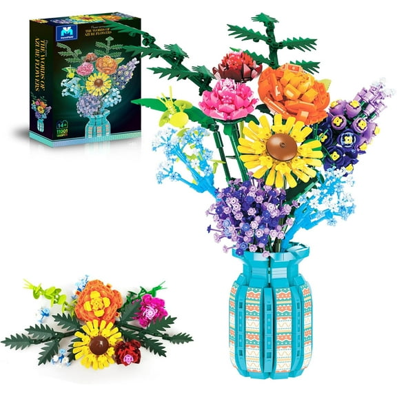 GZBrick Flower Bouquet Building Block Set with Vase Rose Sunflower for Adult Compatible with Lego 14+ (Green)