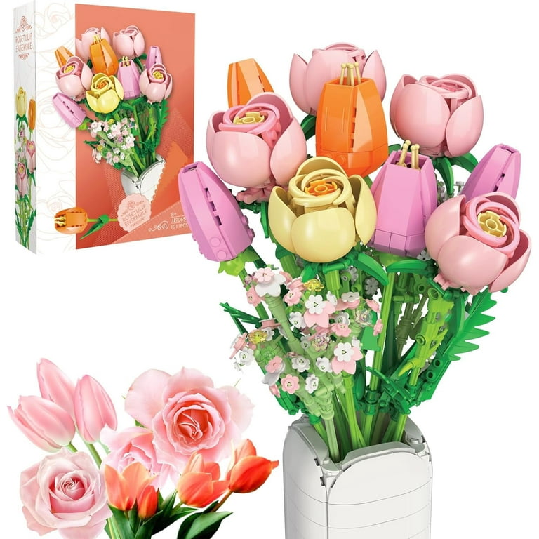 GZBrick Flowers Bouquet Building Sets Rose Tulips with Vase for