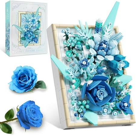 GZBrick Roses Flowers Bouquet Building Sets Picture Frame for Adults Girls Compatible with Lego Blue