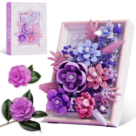 GZBrick Roses Flowers Bouquet Building Sets Picture Frame for Adults Girls Compatible with Lego Purple