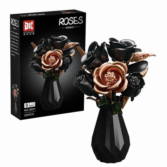 GZBricker Black Roses Flowers Bouquet Building Set, Compatible with Lego Botanical Collection with Vase for Women Adults Girls Home Office Decor