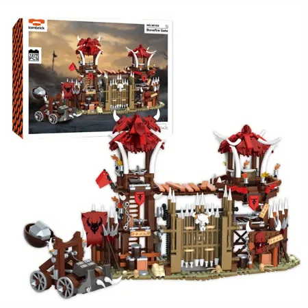 GZBricker Bonefire Gate Building Set, Compatible with Lego Medieval Model Primitive Orc Tribe Movable Gate Lookout Tower Catapult for Adults Boys 1279PCS