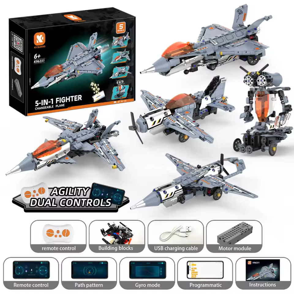 GZBricker Fighter Aircraft Building Set Robot Remote Control Programmable 5 IN 1 Compatible with Lego Model Collectible Home Desk Decor for Adults