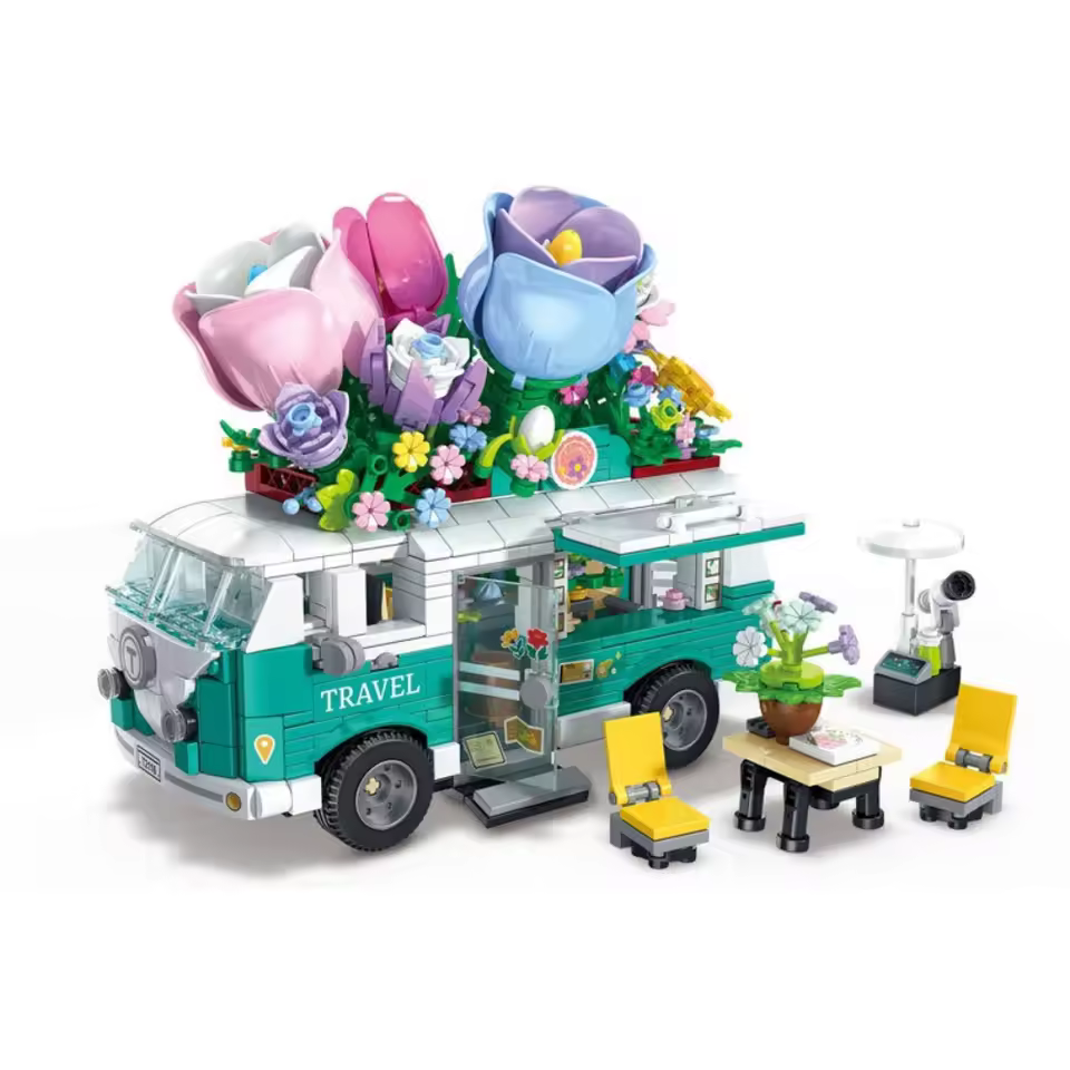 GZBricker Flower Camping Minivan Building Set Compatible with Lego Car Vehicles Van Model Home Decoration for Adults