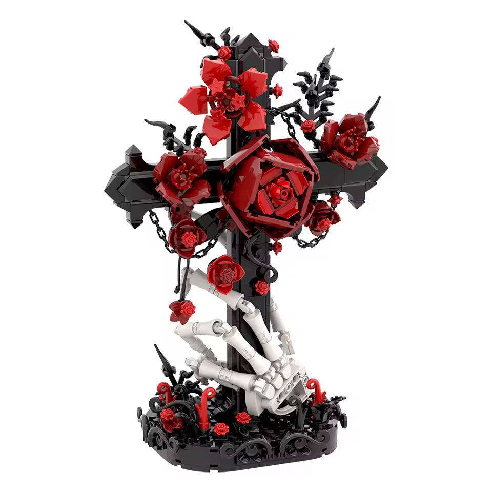 GZBricker Gothic Cross Roses Building Sets Compatible with Lego Red Bouquet Flowers Horrors Model Home Decor for Adults Girls