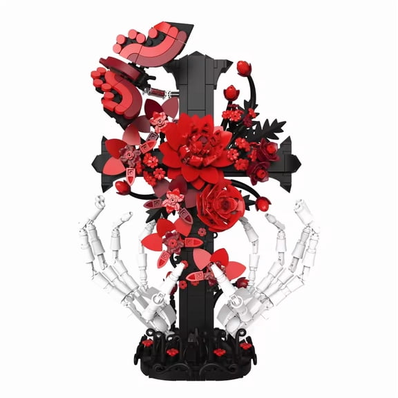 GZBricker Gothic Rose Cross Skeleton Hand Building Set Flowers Compatible with Lego Skull Bouquet Collectible Model for Adult Home Office Decor