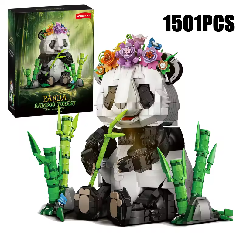 GZBricker Panda Building Set Eat Bamboo Head With Flower Compatible with Lego Wild Animal for Adults