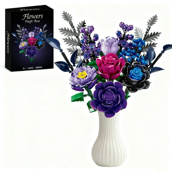 GZBricker Purple Flowers Bouquet Building Set, Compatible with Lego Botanical Collection Gothic Home Office Decor for Women Adults