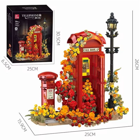 GZBricker Retro British Red Phone Booth Building Set Compatible with Lego Classic Mailbox Floral with light for Adults Girls Home Decor