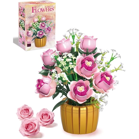 GZBricker Romantic Pink Roses Building Blocks Set Compatible with Lego Flowers Bouquet Potted Plants Home Decor Assembly Gift for Girls Adults