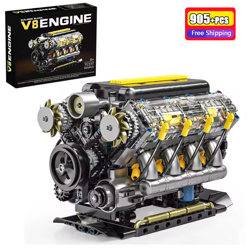 GZBricker V8 Engine Model Building Set Compatible with Lego Mechanical Collectible Ornaments Car Parts With Motor for Adults