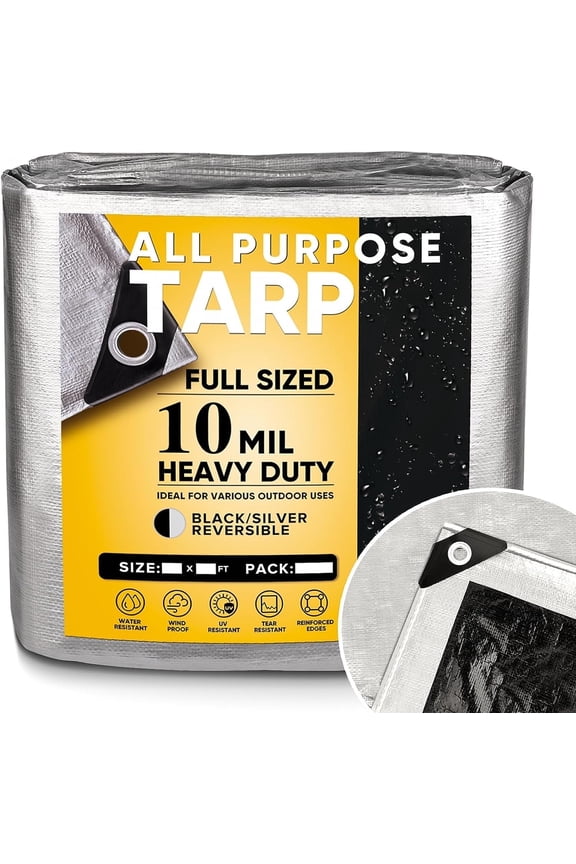 10Mil Heavy Duty Tarp 6x8FT, Waterproof Thick Silver&Black Plastic Tarpaulin Cover for Outdoor Patio Garden Use, UV Resistant, Tear Proof Poly Tarps for Trailer Car Truck Bike Pool Firewood