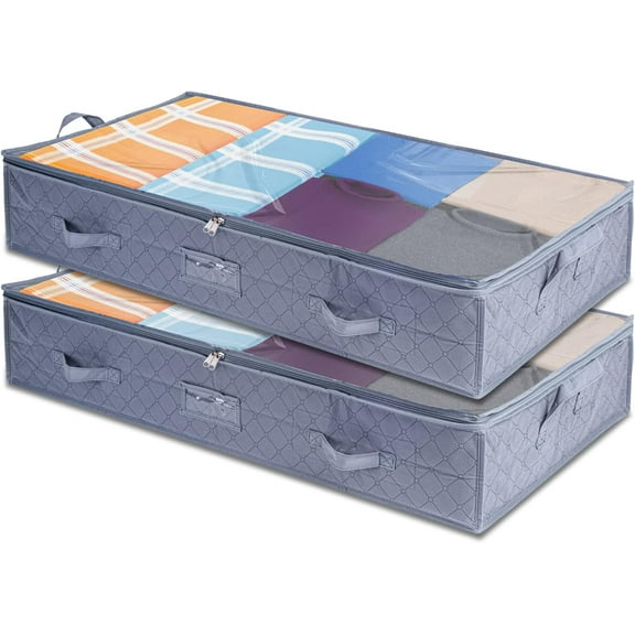GZBtech 90L Large Under Bed Storage Bags, 2 Pack Foldable Bedding Solutions Storage Organiser with Zips/Clear PVC Window/Reinforced Handles,Ideal for Clothes Duvet Quilts and Blankets
