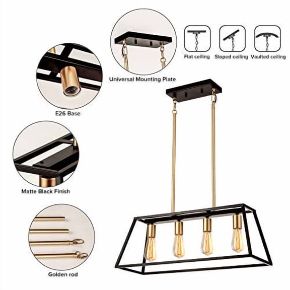 GZBtech Linear Kitchen Island Pendant Lighting, 4-Light Matte Black & Gold Metal Chandelier, 53.15'' Height Adjustable Contemporary Hanging Light Fixture for Dinning Living Room Ov