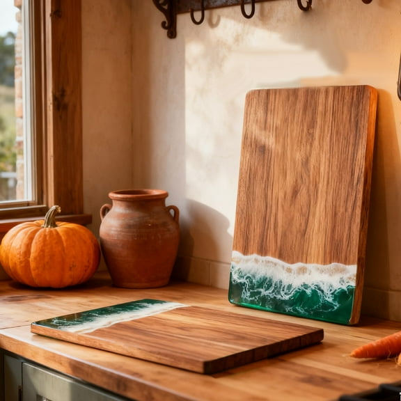 GZCMXH 14.17 inch Acacia Wood Cutting Board, with Unique Green Resin, Natural Wood Grain, Suitable for Wedding/Chef's Gifts