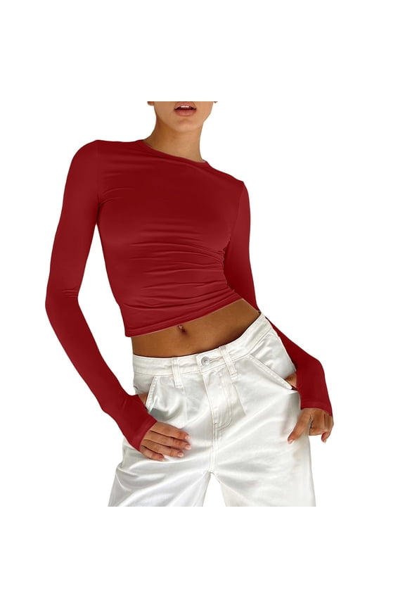 Basic T Shirts Womens Crewneck Long Sleeve Shirt Double Lined Basic Tees Side Ruched Going Out Crop Tops Women's Cap Sleeve Tank Tops Red S