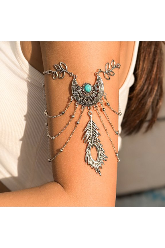 Women Arm Chain Feather Shape Bohemian Retro Leaf Tassel Faux Turquoise Beach Party Wedding Jewelry Accessory Arm Bracelet
