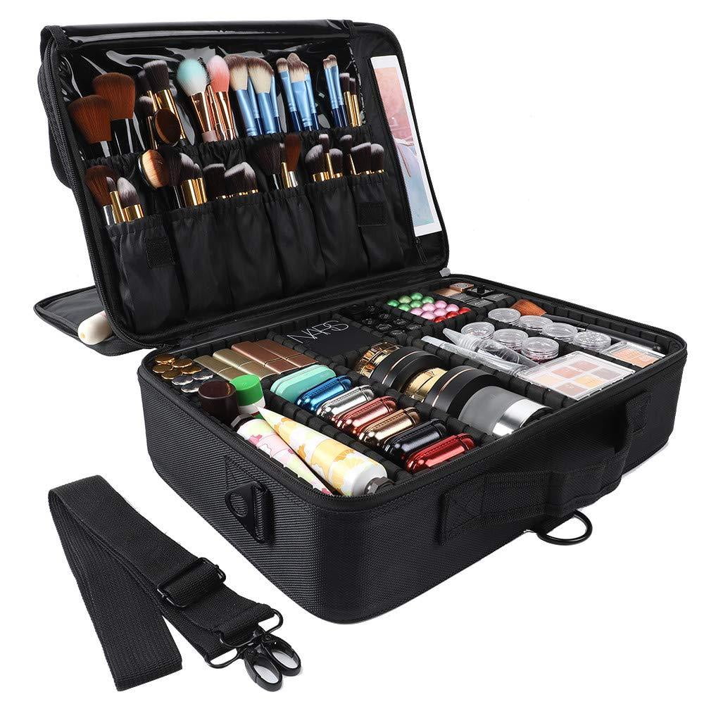 gzcz 3 Layers Large Capacity Travel Professional Makeup Train Case Cosmetic Brush Organizer Portable Artist Storage Bag 16.5 Inches with Adjustable