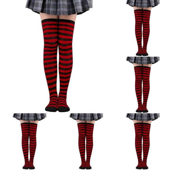 GZEFJRQM 6 Pairs Thigh Highs Womens Fashion Over the Knee Socks Winter Casual Striped Thigh Stockings Leg Warmer Cozy Socks for Women Christmas Gifts