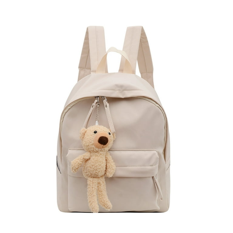 GZEFJRQM Canvas Backpack for Women Adult Fashion Solid Color Nylon Zipper Large Capacity Cute Bear Pendant College High School Bags Student Backpack