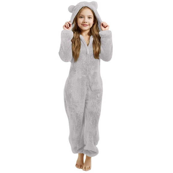 GZEFJRQM Girls Fleece Jumpsuits Teens Cute Fuzzy Hooded Rompers Kids Zip up Onesie Romper Costume Warm Winter Clothes Solid Color Zipper Warm Jumpsuit