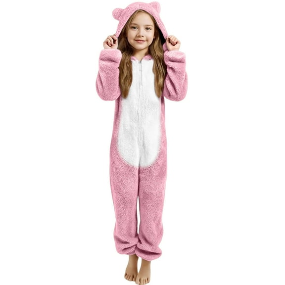 GZEFJRQM Girls Fleece Jumpsuits Teens Cute Fuzzy Hooded Rompers Kids Zip up Onesie Romper Costume Warm Winter Clothes Solid Color Zipper Warm Jumpsuit