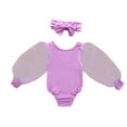 thumbnail image 1 of GZEFJRQM Girls Summer Sets Tulle Puff Long Sleeve Solid Color Romper Bodysuit + Bow Headband 2pcs Outfits Kids Clothes Girls Newborn Clothes Girl for Daily and Family Photo Purple 6-12 Months, 1 of 6