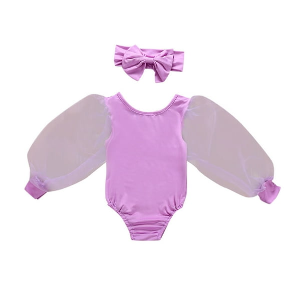 GZEFJRQM Girls Summer Sets Tulle Puff Long Sleeve Solid Color Romper Bodysuit + Bow Headband 2pcs Outfits Kids Clothes Girls Newborn Clothes Girl for Daily and Family Photo Purple 6-12 Months