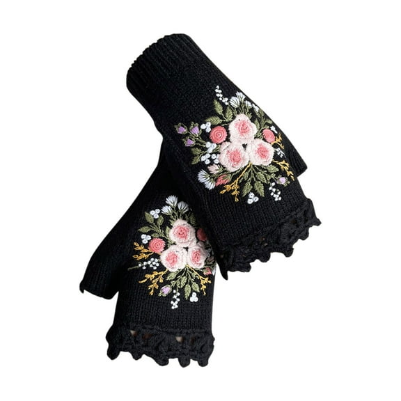 GZEFJRQM Knit Gloves Womens Hand Embroidered Flower Gloves Winter Handmade Embroidery Knit Fingerless Gloves Warm Hand Woven Gloves Christmas Gifts
