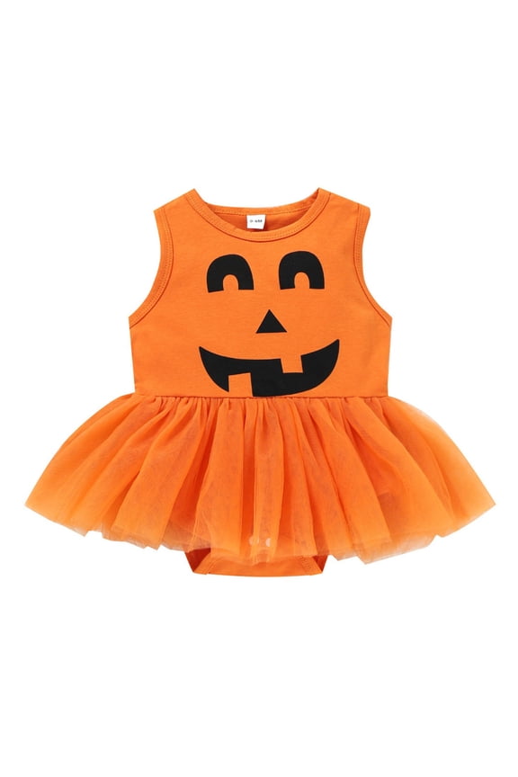 Toddler Girl Pumpkin Outfit Halloween Baby Girl Onesies 0-3 Months Day Baby Girls Cute Romper Dress Sleeveless O Neck Pumpkin Printed Tulle Jumpsuit Baby Clothes for Girls 3-6 Months