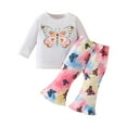 thumbnail image 1 of GZEFJRQM Toddler Spring Outfits for Girls Long Sleeve Butterfly Printed Crewneck Top & Tie Dye Bell Pants 2pcs Outfits 9 Month Baby Girl Clothes Casual Trendy Outdoor Suits White 12-18 Months, 1 of 6