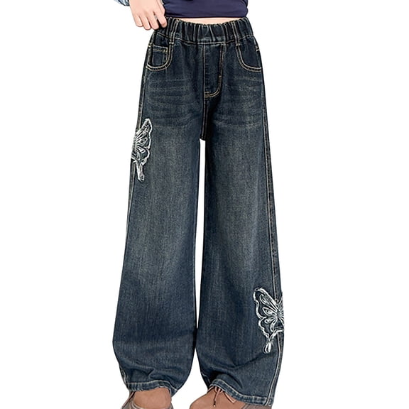 GZEFJRQM Wide Leg Jeans for Girls Elastic Waist Straight Denim Pants Teens Cute Cotton Fall Clothes for Kids Streetwear Trendy Y2K Loose Fit Denim Trousers
