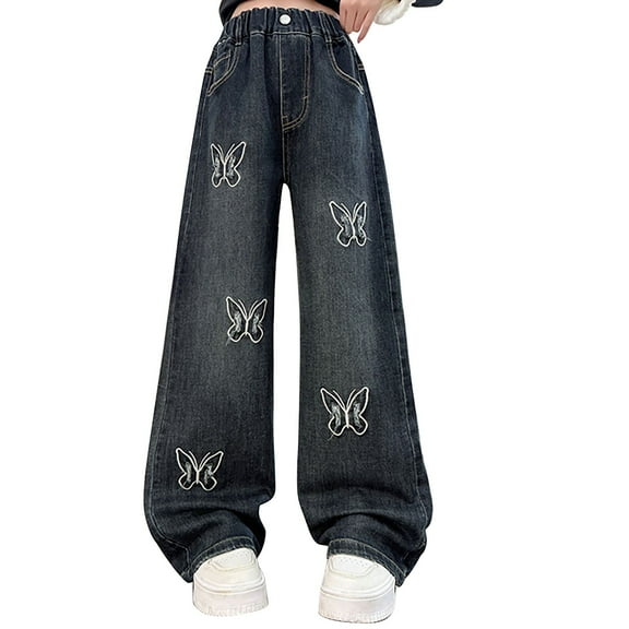 GZEFJRQM Wide Leg Jeans for Girls Elastic Waist Straight Denim Pants Teens Cute Cotton Fall Clothes for Kids Streetwear Trendy Y2K Loose Fit Denim Trousers