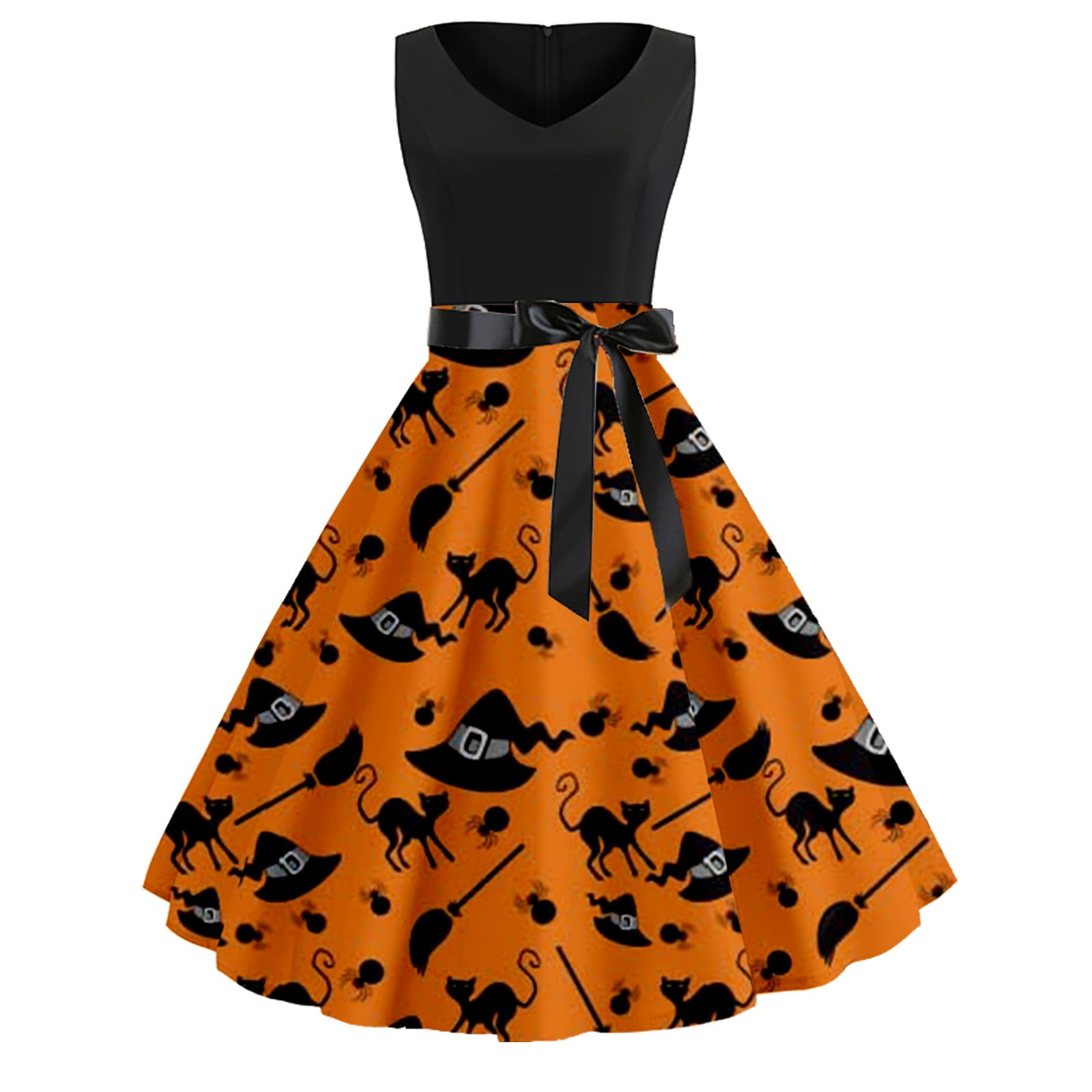 GZEFJRQM Women Sleeveless Pumpkin Printed Lace Dress Halloween Vintage