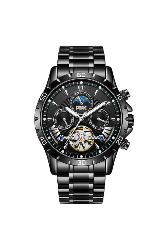 Skeleton Automatic Self-Winding Mechanical Movement Men Wrist Watch Business Stainless Steel Mineral Glass Mirror Waterproof Clock Man Luminous Moon Phase