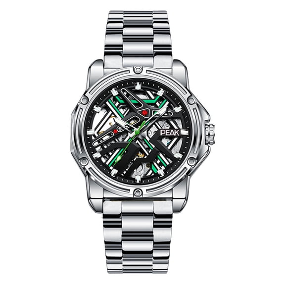 GZFCMY PEAK Vintage Skeleton Automatic Self-Winding Mechanical Men Wrist Watch Business Rubber or Steel or Leather Band Mineral Glass Mirror Waterproof Clock Man Luminous