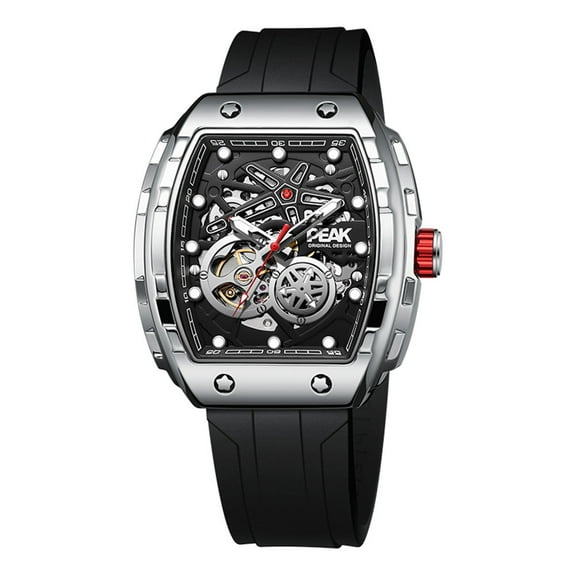 GZFCMY PEAK Vintage Skeleton Automatic Self-Winding Mechanical Movement Men Wrist Watch Business Silicone Band Mineral Glass Mirror Waterproof Clock Man Luminous