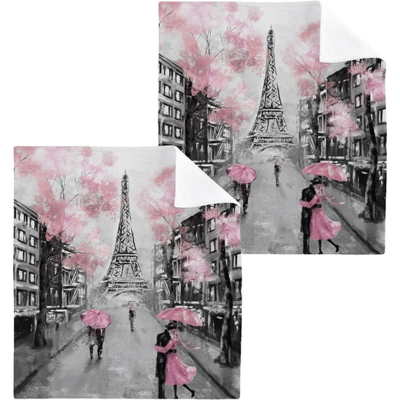 GZHJMY 12x12Inx2 Sets Reusable Soft Face Towel,Kitchen Hand Towel Bathroom Absorbent Towel,Gym Hotel Spa-Romantic Paris Eiffel Tower Oil Painting