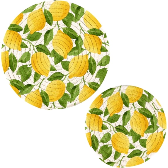 GZHJMY 2 Pack Chic Fresh Lemon Leaves Pattern Round Cotton Woven Pot Holders Trivets Set, Heat Resistant Pad Mat for Kitchen Decor Cooking Supplies