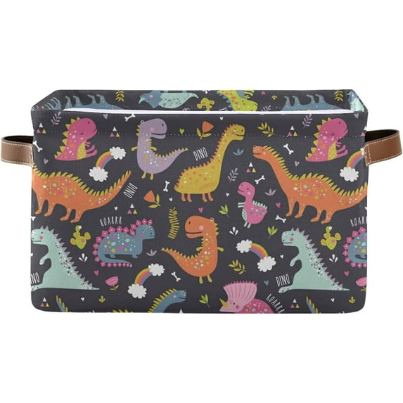 GZHJMY 2 Pack Collapsible Organizer Storage Bins with Colorful Dinosaurs Cute Print,14.2"x10.2" Rectangular Fabric Baskets with Sturdy Leather Handles for Home/Office/Bathroom
