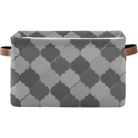 GZHJMY 2 Pack Collapsible Organizer Storage Bins with Moroccan Plaid Gray White Cute Print,14.2"x10.2" Rectangular Fabric Baskets with Sturdy Leather Handles for Home/Office/Bathroom