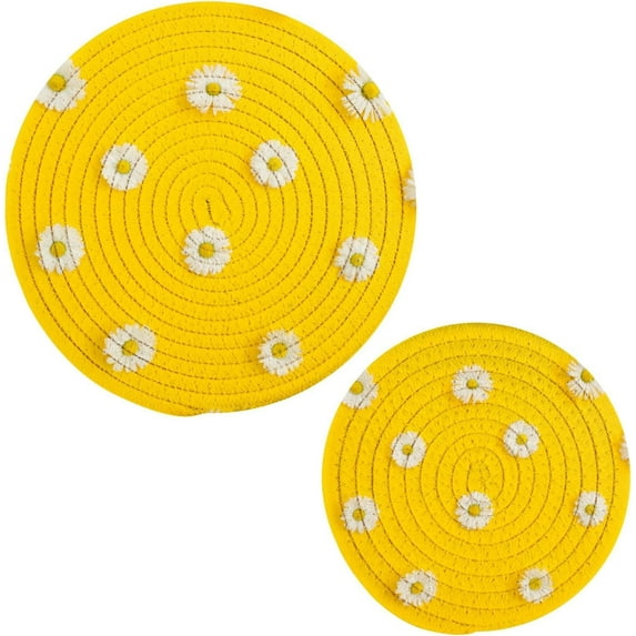 GZHJMY 2 Pcs 3D White Chamomile Daisy Flowers Round Woven Pot Holders Trivets Set, Cotton Coasters Placemats for Cooking Baking Hot Dish Pan Pot Bowl Teapot(7&9 Inches Diameter)