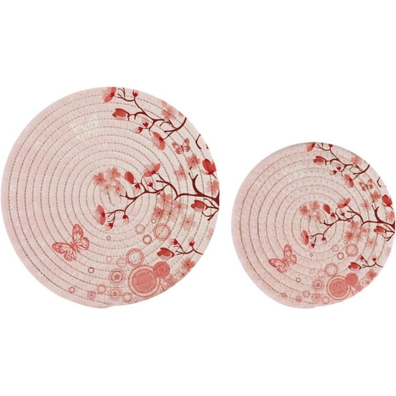 GZHJMY 2 Pcs Cotton Beautiful Cherry Blossoms Butterfly Woven Pot Holder Trivets Set,Round Coasters Placemat for Cooking Baking Hot Dish Pan Pot Bowl Teapot(7&9 Inches)