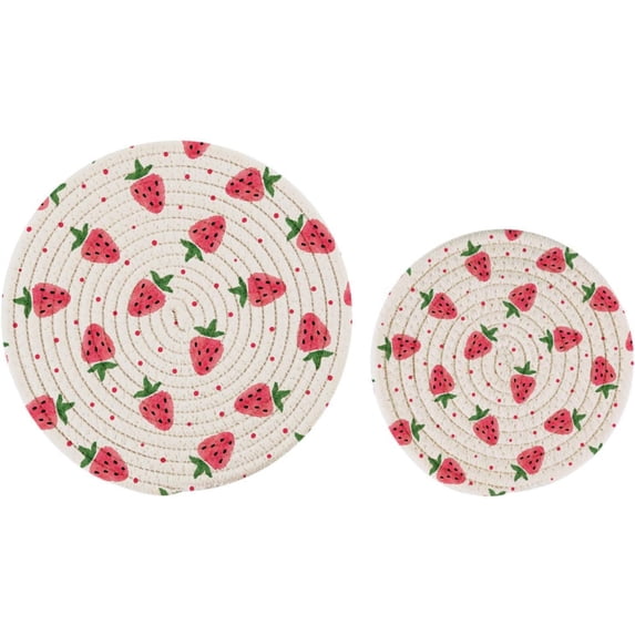 GZHJMY 2 Pcs Cotton Sweet Pink Strawberry Dots Floral Woven Pot Holder Trivets Set,Round Coasters Placemat for Cooking Baking Hot Dish Pan Pot Bowl Teapot(7&9 Inches)